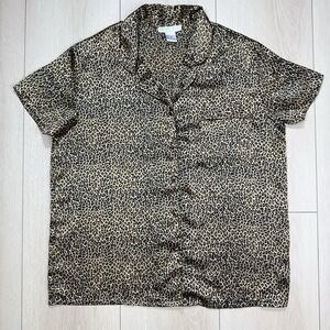 Morgan Taylor Leopard Satin Pajama Top‎ Women M Button Shirt Sleepwear Animal